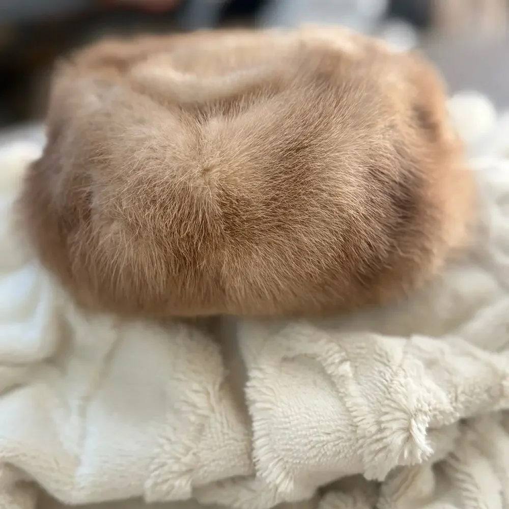 Vintage Mink Fur Hat Soft Honey Beige Luxury Pillbox Style Hat - Picture 3 of 6